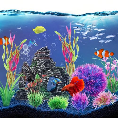 QUOZUO 10pcs Aquarium Artificial Plastic Plants Decorations and Rock Cave Decor Set, Fish Tank Accessories Small Large Fish Bowl Ornaments Set - color: Purple