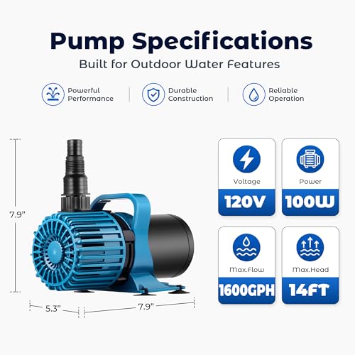 TONGCHANT Pond Pump for Fish Pond Fountain & Waterfall, 1600 GPH 14FT Lift | 100W submersible water pump, ultra quiet motor, 180° rotatable outlet, filter bag, 20FT cord, UL listed, blue - size: 1600GPH-100W-Blue