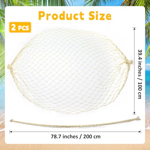 2 Pcs Fish Net Decorations, 39x78 Inch Cotton Nautical Themed Fishing Net, Wall Hanging Photo Display Fishnet for Coastal Bedroom Bathroom, Pirate Hawaiian Beach Under The Sea Party Decor, Beige - color: Beige