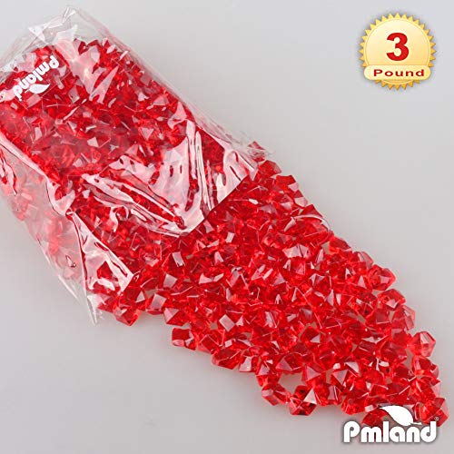 PMLAND Clear Fake Ice Rocks – 550 Pcs Large Red Acrylic Gems Crushed Plastic Diamonds, 3 Lbs / 2.25 Quarts Bulk Vase Filler for CenterpiecesWedding Theme Décor Aquarium Table Scatter - color: Red