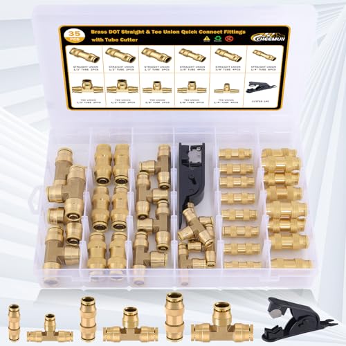 CheeMuii 35 PCS Brass DOT Air Line Fittings Kit 1/4 3/8 1/2 DOT Quick Connect Air Fittings Straight & Tee Union Push to Connect Air Hose Fittings for Semi Truck Trailers Air Brake System - size: 35PCS