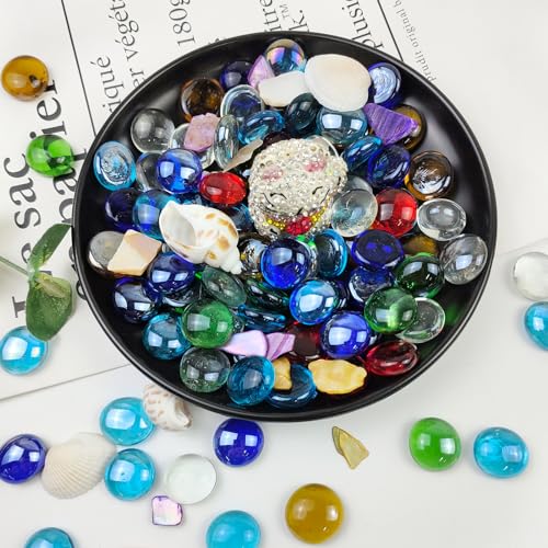 FANTIAN 50 Pcs Flat Glass Marbles for Vase, Mancala Beads Gems. Decorative Glass Rocks for Vase Filler Fish Tank Floral Crafts Centerpieces and Mosaic