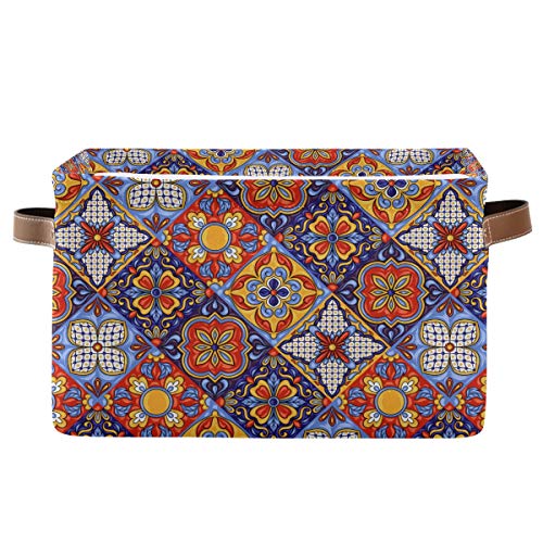 Foldable Storage Baskets, Mexican Ceramic Tile Pattern Storage Bins with Handles, Decorative Cloth Organizer Storage Boxes for Home|Office 15 x 11 x 9.5 in - color: Mexican Ceramic Tile Pattern, size: 1 PCS