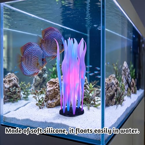 Glowing Aquarium Kelp Plant, Glow Fish Tank Decorations Soft Silicone Coral Decor Realistic Glowing Coral Fish Tank Ornament Aquarium Decorations for Fishes Tanks Decor Accessories, Pinkish Purple