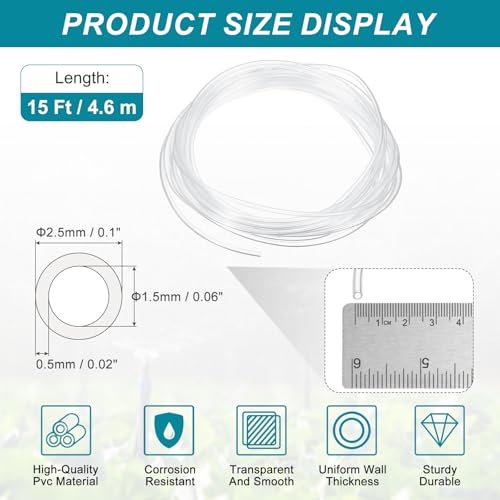 uxcell Clear PVC Tubing, 1.5mm ID x 2.5mm OD - 15ft PVC Tube Lightweight Vinyl Hose, Transparent Flexible Plastic Water Tubing for Air Oil Water Transfer Aquarium Irrigation - size: 1.5mm ID x 2.5mm OD
