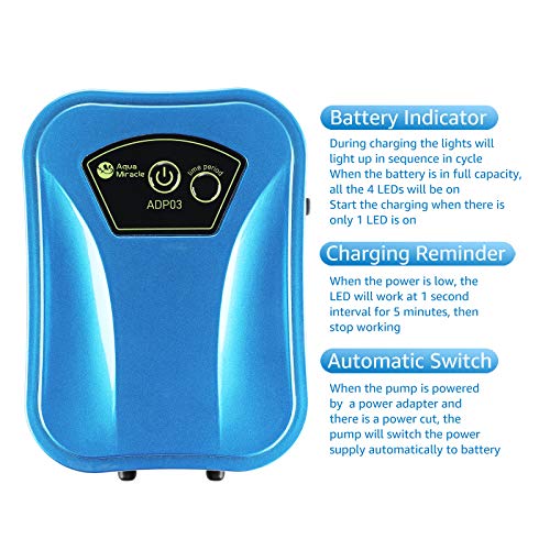 AquaMiracle USB Aquarium Air Pump Rechargeable Aerator for Bait Bucket, Portable Battery Powered Air Pump for Aquarium, Fish Tank Air Pump for Outdoor Fishing, Power Outage & Emergency - color: Blue(For Tanks up to 120Gal)