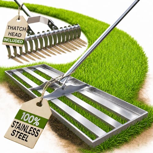 Oris Garden® Lawn Leveling Rake 30 inch - Ground Leveler for Yard, Sand, Soil, Grass - Dirt Leveling Tool, Heavy Duty Stainless Steel rakes for Golf, Grading, Gravel (30" Leveling + Thatch Rake) - style: 30" Leveling + Thatch Rake