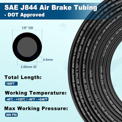 100FT 1/8 DOT Air Line SAE J844 PA12 Nylon Air Hose with Cutter 1/8” OD Pneumatic Tubing DOT Approved 1/8 Air Brake Hose for Air Suspension Kit Truck Trailer Brake System & Fluid Transfer 30.5m - size: 1/8" OD 100FT