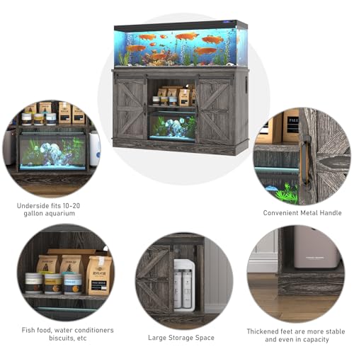 Hlivelood Farmhouse 55-75 Gallon Fish Tank Stand with Power Outlet, Aquarium Stand w/Cabinet&Sliding Barn Door, Heavy Duty Reptile Tank Stand for Fish/Turtle/Reptile Terrarium, 1000LB Capacity, Grey - color: Grey, size: 55-75 Gallon