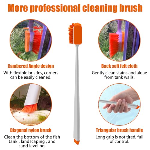 MiOYOOW Aquarium Cleaning Brush, Double Sided Aquarium Algae Scraper with 2PCS Felt Cloth Wipe Long Handle Fish Tank Glass Cleaner for Aquariums Home