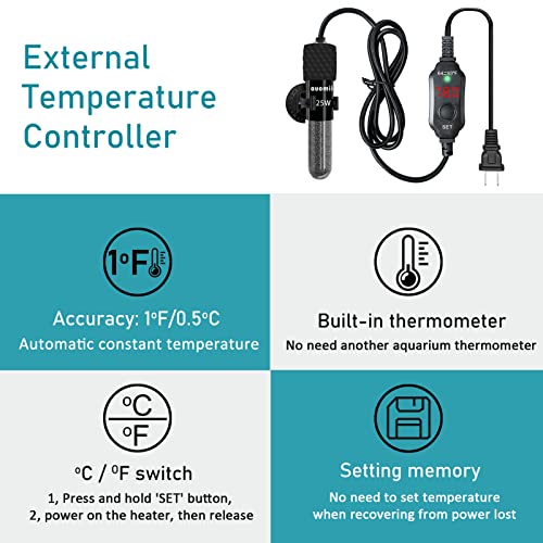 Small Submersible Aquarium Heater,Adjustable Mini Fish Tank Heater 25/50/100/150/200/300 Watts with External Temperature Controller, LED Display, Smart Memory, Used for 1-60 Gallons (50W)