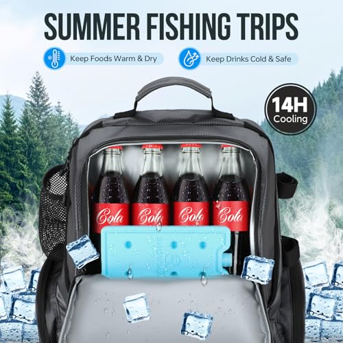 PLUSINNO Cooler Fishing Backpack with Rod Holders 45L Large Water-resistant Fishing Tackle bag Store Fishing Gear Fishing Gifts for Men Father - color: Grey Jacquard