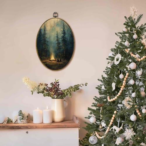 XFCICRLJ Vintage Camping Bear Forest Wall Art Decor, Dark Forest Oval Canvas Prints Framed, Moody Cottagecore Campfire Bear Wall Art Decorations for Home Bedroom Living Room Decor, 11x8.5 Inch - color: Camping