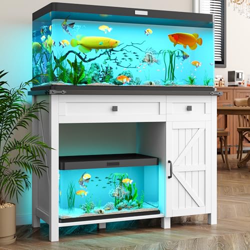 kepptory 40 Gallon Fish Tank Stand with Power Outlets, Farmhouse Decorative Aquarium Stand Furniture with Adjustable Shelves and Drawer, Reptile Turtle Tank Stand with Cabinet Storage (White, 30-40GL) - color: White, size: 41.9"L x 18.3"W x 31.5"H
