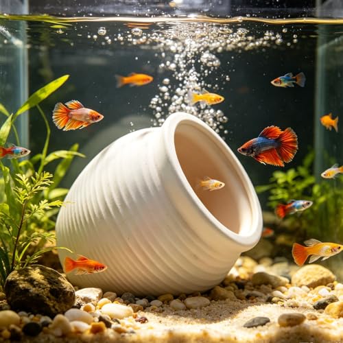 Saim Ceramic Aquarium Hideout Cave, White Clay Pot Fish Tank Decorations with 3.94" Round Opening, Natural Hide House for Cichlid Goldfish Pleco Betta Shrimp Breeding, Aquascape Ornament (Large)