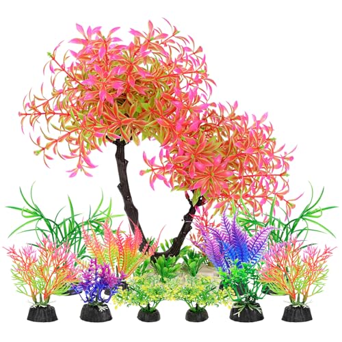 AQUANEAT Artificial Aquarium Plants, Fish Tank Pink Tree Decoration Set, Plastic Accessories, 11pcs - color: Pink