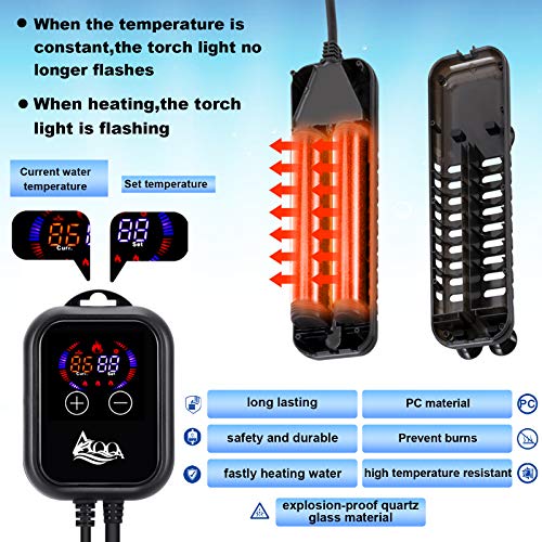 AQQA Submersible Aquarium Heater,100W/200W/300W/500W/800W/1000W/1200W Fish Tank Heater,External Temperature Controller LED Temperature Display,Suitable for Saltwater and Freshwater(500W) - size: 500W (for 66-135 gallon)