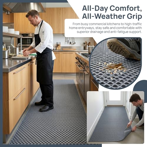 PVC Drainage Floor Mat Non-Slip Commercial Wet Area Mat for Outdoor and Indoor Restaurant Kitchen Bar Swimming Pool Splash Matting Water Drain Flooring Mat,Grey, 3x16.4FT - color: Grey, size: 3x16.4FT