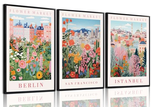 XLARTMY Flower Market Wall Art Prints Canvas Orange and Pink Floral Paintings Colorful Botanical Travel Flower Posters for Home Decor Pictures Set of 3 for Living Room Bedroom 16x24in Unframed - color: Flower Market ORange-2, size: 16x24in Poster