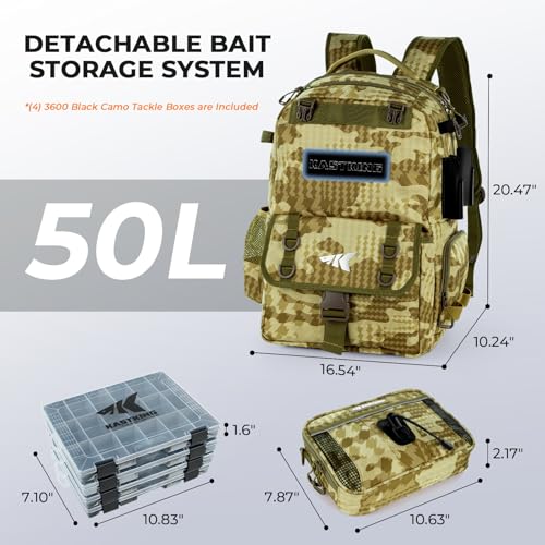 KastKing BaitSpace Fishing Tackle Backpack with Removable Bait Binder,2 Rod Holders Storage Fishing Gear and Equipment - color: D: Khaki Camo(with (4) 3600 Tackle Boxes)