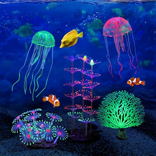 Lpraer 5 Packs Glow Aquarium Decorations Branch Coral Tree Glowing Jellyfish Simulation Glow Plant Glowing Effect Silicone for Fish Tank Decorations - color: 5 Pcs(branch Coral+coral Tree+coral And+2x Jellyfish)