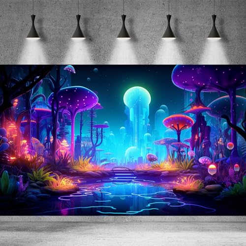 Fantasy Forest Aquarium Background Mysterious Plants Abstract Mushrooms Cartoon Style Forest Terrarium Backdrop Tranquil Stream Fish Tank Background Wallpaper Poster Decor Vinyl 24x12in - color: Blue Purple, size: 24(W)x12(H)in