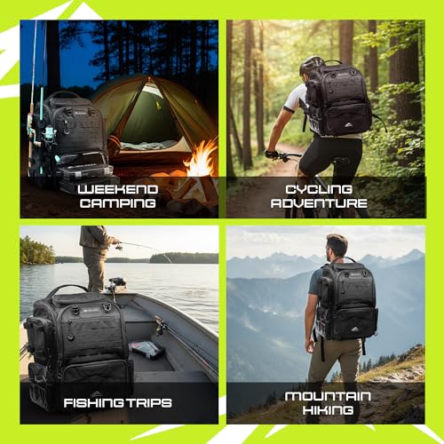 Waterproof Fishing Backpack with Tackle Boxes, Rod Holder & Foldable Net - 40L Fishing Tackle Bag with Trays Included, Extra Storage Gear and Equipment, Rain Cover, Fisherman Gift for Men - color: Medium (40 L) - Black