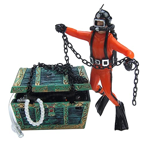 Live-Action Aquarium Ornament Creative Undersea Treasure Chest Diver Air Bubbler Aerating for Fish Tank Decorations Orange Color