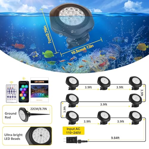 T-SUN Pond Lights LED Underwater – IP68 Waterproof Smart App & Remote Submersible Fountain Lights with 16 Million Colors Dimmable Timer for Outdoor Koi Pond Garden Waterfall Aquarium(Set of 8) - size: Set of 8