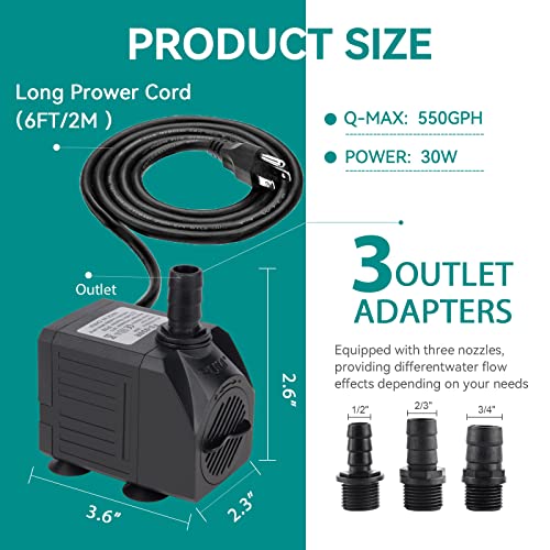Aquarium Submersible Fountain Pump: 30W 550GPH Adjustable Quiet Water Pumps with 7.2ft High Lift for Small Pond | Waterfall | Outdoor | Statuary | Hydroponic (550GPH) - size: 550GPH 30Watt