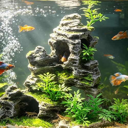 Saim Aquarium Mountain View Stone Ornament, Artificial Mountain Hill View Stone Rock Cave Aquarium Decorations Fish Tank Decor for Betta Cichlids Hideaway Cave, Hermit Crab Hideout - Large - size: 11.5x6x10.6inch-L