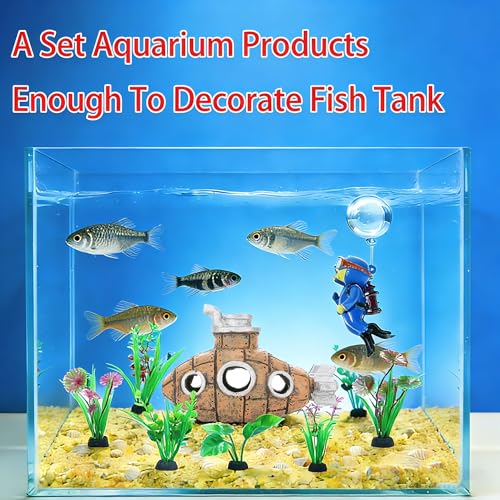 Fish Aquarium Accessories Kit, Betta Fish Hideout Cave, Fish Castle | Resin Sunken Submarine with 6 Artificial Aquatic Plants, 40+ Seashells, 1 Floating Dive - Fish Tank for Freshwater Saltwater - color: Submarine