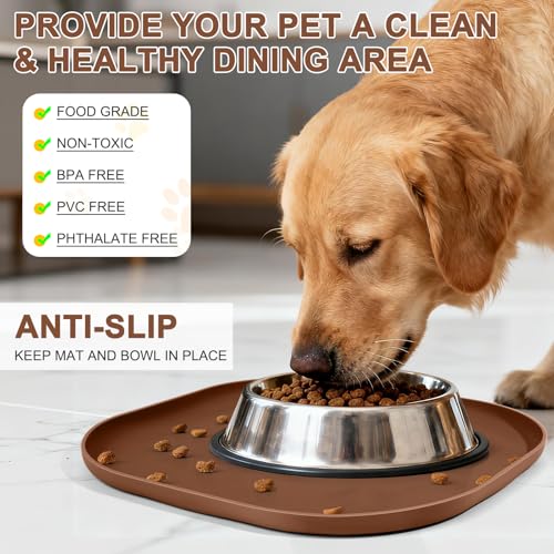SMILOOL Small Silicone Pet Food Mat with Raised Edge for Food and Water Bowl, Square Dog Feeding Mats, Cat Food Trays for Floor Waterproof, Rubber Tray for Dogs and Cats, 12 x 12 x 0.7 Brown - color: Brown, size: 12"L x 12"W