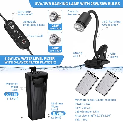 GOZILLA Turtle Tank Kit(Tank+Lamp+Filter), Upgrade PC Turtle Tank Starter Kit with Adjustable Lamp & Filter, Reptile Hideout Habitat with Lid for Small Reptiles.(15.75 × 7.9 × 9''/Black Kit) - color: Medium-Hideout-KIT