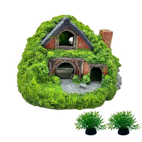Tfwadmx Fish Tank Hobbit Decorations,Resin Small Fish Cave Hideout House,Aquarium Decor Hide Hole Shelter Hut Ornaments Mini Garden Decorating Accessories - color: Green-5.5 X 5.3 X 3.5 Inches