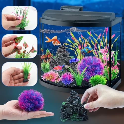 QUOZUO 10pcs Aquarium Artificial Plastic Plants Decorations and Rock Cave Decor Set, Fish Tank Accessories Small Large Fish Bowl Ornaments Set - color: Purple