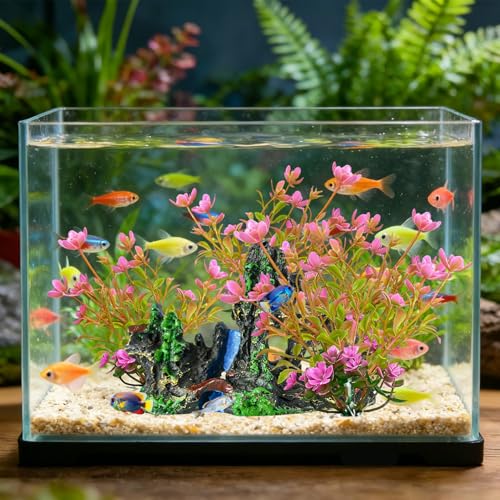 4 PCs Artificial Aquarium Plants with Rock Cave Ornament Set for Betta Fish Tank, Small Aquarium Decor Set, Fish Tank Decorations Accessories for Freshwater Aquarium - size: Small-4Packs