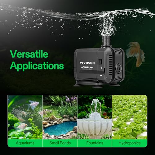VIVOSUN 400GPH Submersible Pump(1500L/H, 15W), Ultra Quiet Water Pump with 5.2ft High Lift, Fountain Pump with 5ft Power Cord, 3 Nozzles for Fish Tank, Pond, Aquarium, Statuary, Hydroponics - size: 400GPH