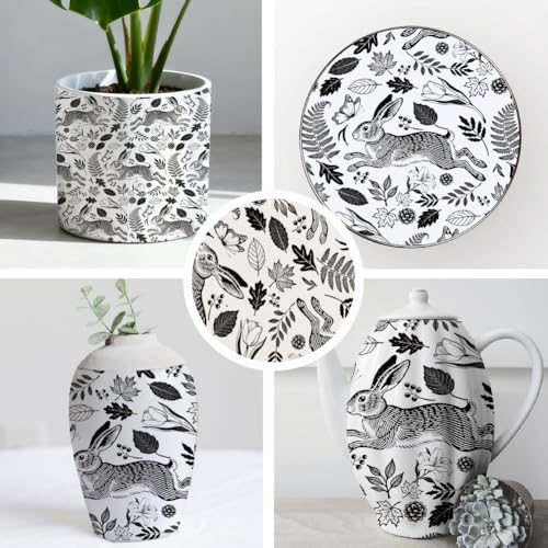 SUPERDANT 4PCS Rabbit Flowers Underglaze Paper Transfer Animal Leaves Transfer Paper for Clay Ceramic Porcelain Under Glaze Transfers for Pottery Enamel Decals Black Underglaze Decal Papers - style: Rabbit and Floral