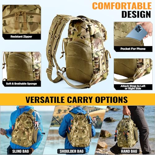PLUSINNO Fishing Gear,Fishing Backpack with Floating Fishing Net,Tackle Boxes,Waterproof Fishing Tackle Bag,Fishing Gifts for Men - color: Khaki Camo Backpack With Fishing Net