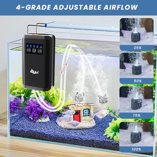 AQQA Aquarium Air Pump Quiet Fish Tank Aerator Pump Powerful Rechargeable Fish Oxygen Pump Battery Operated Dual Outlets with Air Stones,Air Tube & Check Valve (5W 150GPH) - size: 5W for up to 180 Gal