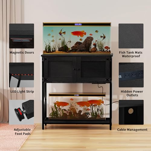 20-29 Gallon Aquarium Stand with Power Outlets & Cabinet Storage | 330lbs Capacity Metal Frame, Cabinet Storage, 30.7"x15.7" Tabletop, Fits Fish Tanks & Reptile Terrariums, Black - color: Black