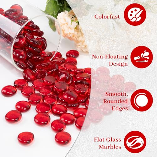 Red Flat Glass Marbles, 0.97 lb Transparent Vase Filler Pebbles Gems, Decorative Glass Beads for Vases, Table Scatter, Crafts, Floral, Mancala Stones, Centerpieces, Aquarium Rocks for Fish Tank - color: Red