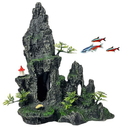 Aquarium Decor - Tall and Large Mountain Rock Ornament with Red Tower for Fish Tank,Aquarium Hideout with Rock Texture for Betta,Guppy,Shrimp-Safe Aquatic Decoration, Fish Hiding House - color: Large Peak Rock - Red Tower