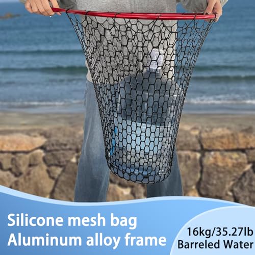 All Metal Telescoping Rubber Fishing Net with Handle Length: 59" Depth:19.7" Hoop: 26"x18" Large Silicone Fish Landing Net Pier/Kayak/Fishpond/Saltwater/Salmon Extendable Fishing Gear - color: Red