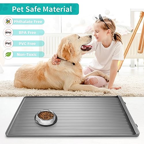 Dog Mat for Food and Water - 39.4" x 27" Large Pet Feeding Mats with Residue Collection Pocket - Waterproof Dog Cat Bowl Mat with High Edges to Prevent Water and Food Spills (Light Grey) - color: Light Grey