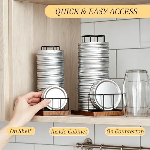 2PCS Mason Jar Lid Organizer & Holder (Wide Mouth & Regular Mouth) Iron Ball Jar Wooden Storage Accessories for Home Kitchen Organization Fit Mason/Canning/Bamboo Lids, Holds 20 Lids & 20 Rings