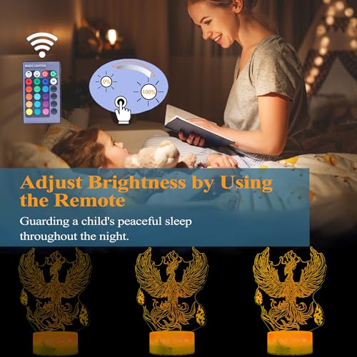 Phoenix Night Light, 3D Illusion Lamp, Phoenix Stuff with 16 Colors Changing, Remote Control, Dimmable, Kids Room Decoration, Xmas Holiday Gifts - color: Phoenix