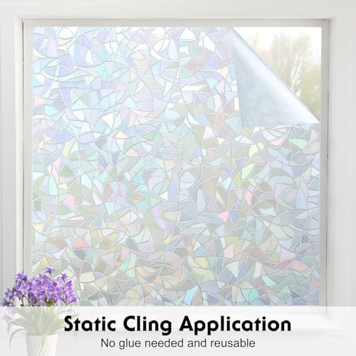 Volcanics Rainbow Window Privacy Film with Installation Tools, Decorative Stained Glass Window Film, Static Cling Heat Control Window Tinting Film Stickers, Grayish Silver, 17.5 x 78.7 inches - color: Grayish Silver, size: 17.5" X 78.7"