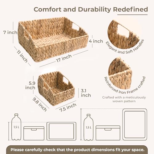 KOKODO Rectangular Wicker Storage Baskets for Shelves, Set of 3 Water Hyacinth Woven Bins with Handles, Open Front Pantry Shelf Organizer for Closet, Bedroom, Boho Decorative, Natural - color: Open Front - Set 3